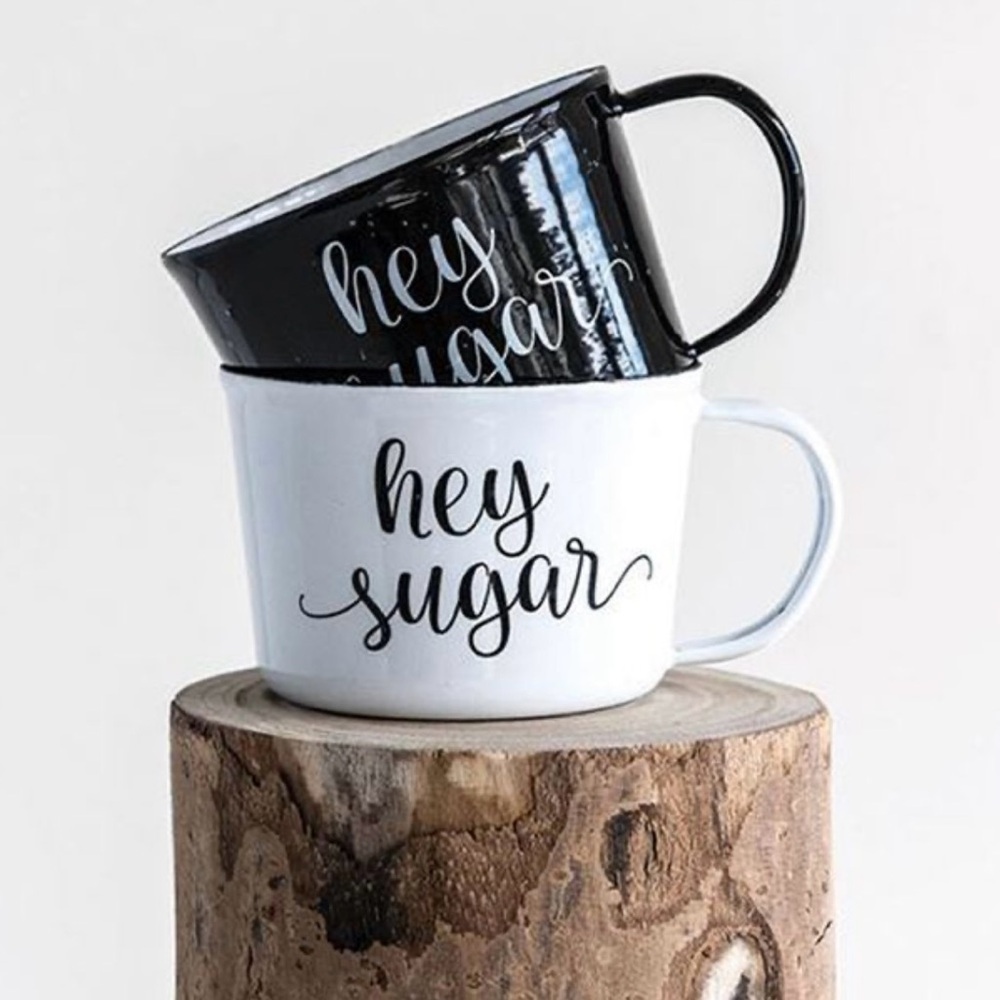 Creative Co-Op Black & White Enamel 'Hey Sugar' Coffee Cups, Set of 2